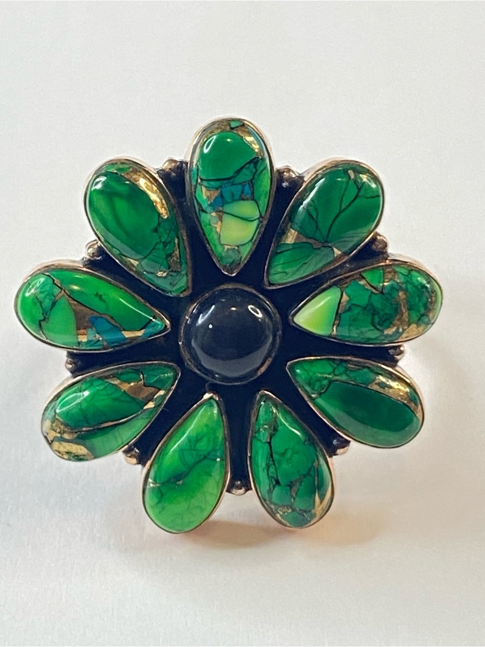 Green Dahlia Turquoise Onyx Adjustable Flower Ring Boho Southwestern Jewelry